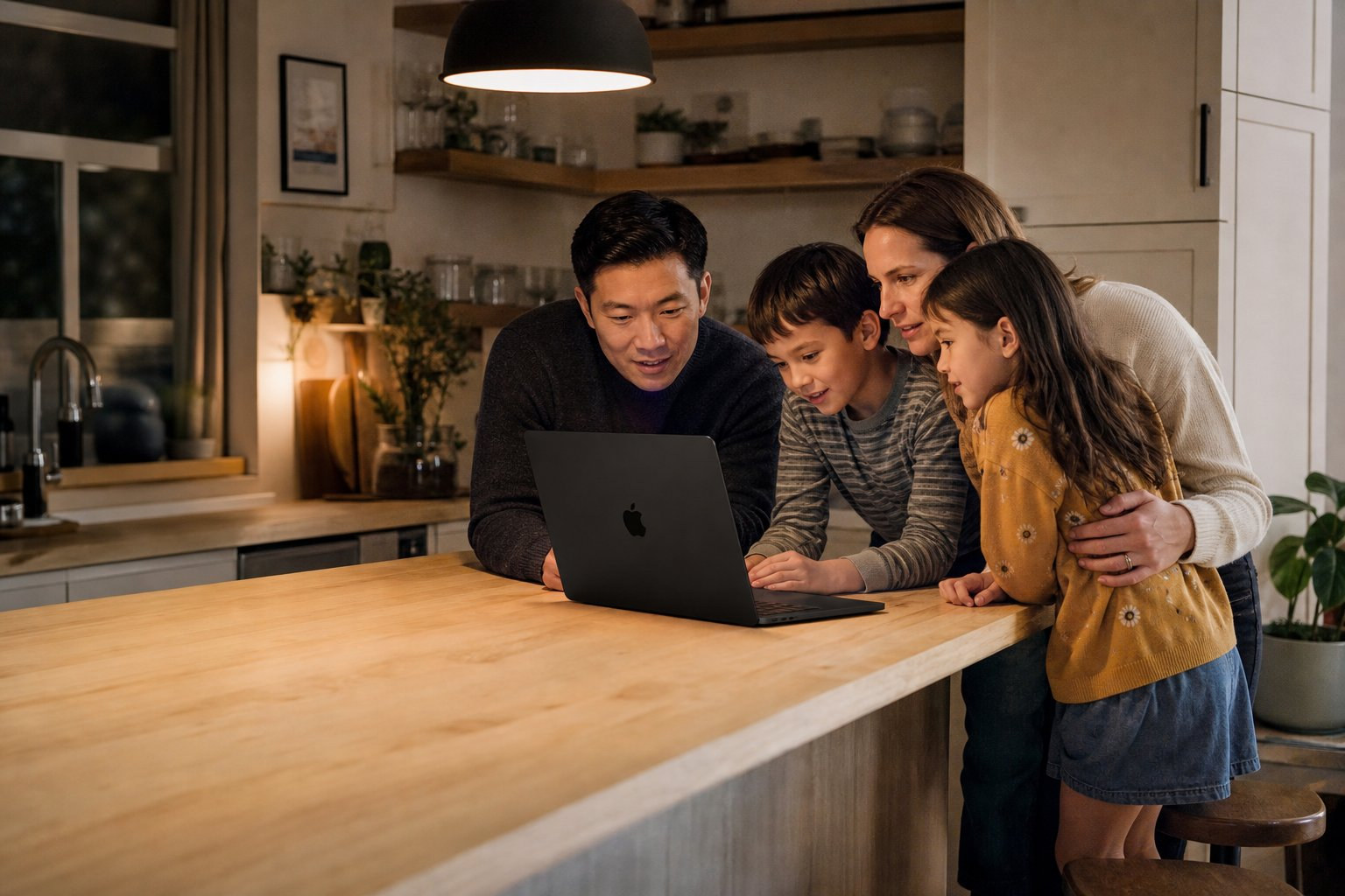 A family at home with a laptop