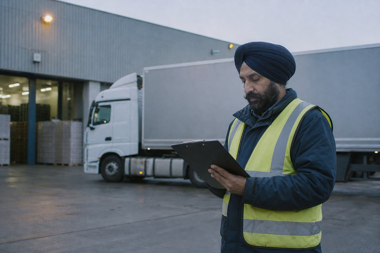 A depot manager beside a lorry